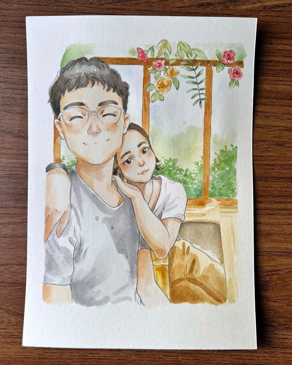 Fotografia de uma aquarela de uma pessoa com boné azul e seu cachorro.