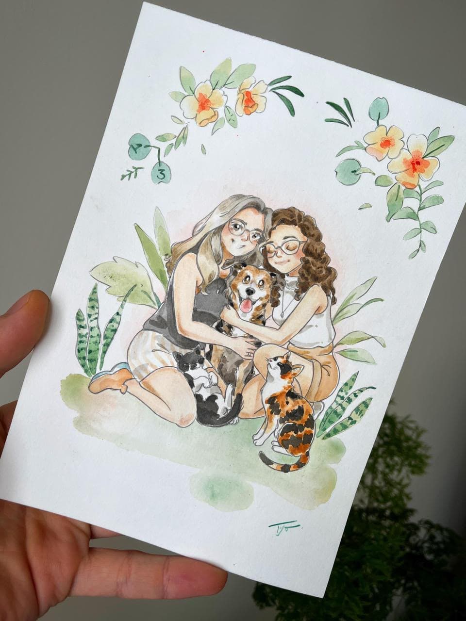 Fotografia de uma aquarela com quatro gatos dormindo juntos.
