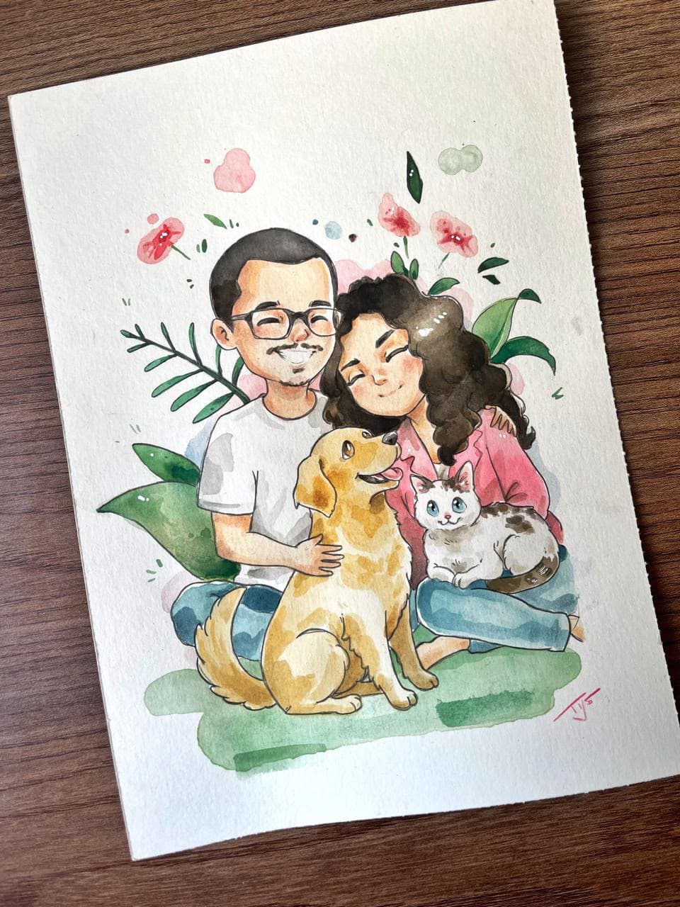 Fotografia de uma aquarela de um casal em uma paisagem de praia.